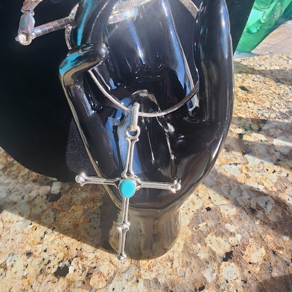 Taxco Silver Cross Necklace with Turquoise Center Stone - Picture 12 of 13